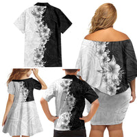 Hawaii Hibiscus Flowers Family Matching Off Shoulder Short Dress and Hawaiian Shirt Grayscale Polynesian Pattern LT05 - Polynesian Pride