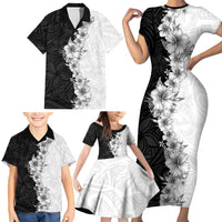Hawaii Hibiscus Flowers Family Matching Short Sleeve Bodycon Dress and Hawaiian Shirt Grayscale Polynesian Pattern LT05 - Polynesian Pride