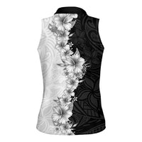 Hawaii Hibiscus Flowers Women Sleeveless Polo Shirt Grayscale Polynesian Pattern