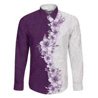 Hawaii Hibiscus Flowers Family Matching Off Shoulder Short Dress and Hawaiian Shirt Purple Polynesian Pattern LT05 Dad's Shirt - Long Sleeve Purple - Polynesian Pride