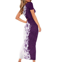 Hawaii Hibiscus Flowers Family Matching Short Sleeve Bodycon Dress and Hawaiian Shirt Purple Polynesian Pattern