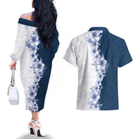 Hawaii Hibiscus Flowers Couples Matching Off The Shoulder Long Sleeve Dress and Hawaiian Shirt Blue Polynesian Pattern LT05 - Polynesian Pride