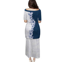 Hawaii Hibiscus Flowers Family Matching Puletasi and Hawaiian Shirt Blue Polynesian Pattern