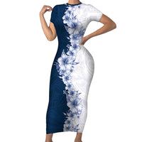 Hawaii Hibiscus Flowers Family Matching Short Sleeve Bodycon Dress and Hawaiian Shirt Blue Polynesian Pattern LT05 Mom's Dress Blue - Polynesian Pride