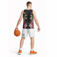 Hawaii Tropical Flowers Basketball Jersey Black Polynesian Tattoo Art LT05 - Polynesian Pride