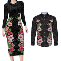 Hawaii Tropical Flowers Couples Matching Long Sleeve Bodycon Dress and Long Sleeve Button Shirt Black Polynesian Tattoo Art
