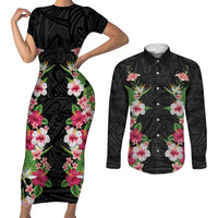Hawaii Tropical Flowers Couples Matching Short Sleeve Bodycon Dress and Long Sleeve Button Shirt Black Polynesian Tattoo Art