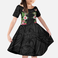 Hawaii Tropical Flowers Family Matching Long Sleeve Bodycon Dress and Hawaiian Shirt Black Polynesian Tattoo Art LT05 Daughter's Dress Black - Polynesian Pride