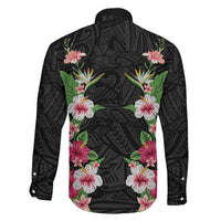 Hawaii Tropical Flowers Family Matching Off The Shoulder Long Sleeve Dress and Hawaiian Shirt Black Polynesian Tattoo Art LT05 - Polynesian Pride