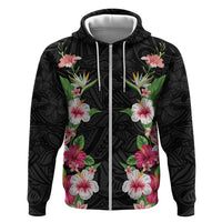 Hawaii Tropical Flowers Hoodie Black Polynesian Tattoo Art LT05 Zip Hoodie Black - Polynesian Pride