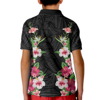 Hawaii Tropical Flowers Kid Polo Shirt Black Polynesian Tattoo Art