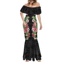 Hawaii Tropical Flowers Mermaid Dress Black Polynesian Tattoo Art