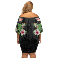 Hawaii Tropical Flowers Off Shoulder Short Dress Black Polynesian Tattoo Art LT05 - Polynesian Pride