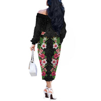 Hawaii Tropical Flowers Off The Shoulder Long Sleeve Dress Black Polynesian Tattoo Art LT05 - Polynesian Pride