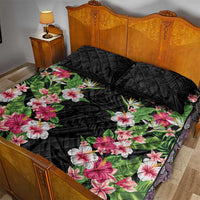 Hawaii Tropical Flowers Quilt Bed Set Black Polynesian Tattoo Art LT05 - Polynesian Pride