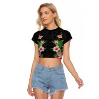 Hawaii Tropical Flowers Raglan Cropped T Shirt Black Polynesian Tattoo Art LT05 Female Black - Polynesian Pride