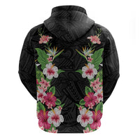 Hawaii Tropical Flowers Zip Hoodie Black Polynesian Tattoo Art