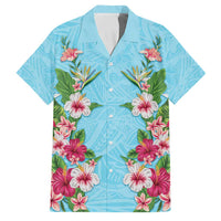 Hawaii Tropical Flowers Family Matching Long Sleeve Bodycon Dress and Hawaiian Shirt Sky Blue Polynesian Tattoo Art LT05 Dad's Shirt - Short Sleeve Blue - Polynesian Pride