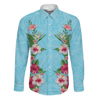 Hawaii Tropical Flowers Family Matching Short Sleeve Bodycon Dress and Hawaiian Shirt Sky Blue Polynesian Tattoo Art LT05 Dad's Shirt - Long Sleeve Blue - Polynesian Pride