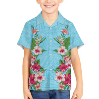 Hawaii Tropical Flowers Family Matching Tank Maxi Dress and Hawaiian Shirt Sky Blue Polynesian Tattoo Art LT05 Son's Shirt Blue - Polynesian Pride