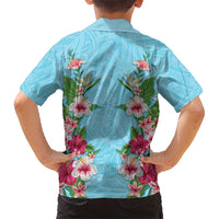 Hawaii Tropical Flowers Kid Hawaiian Shirt Sky Blue Polynesian Tattoo Art