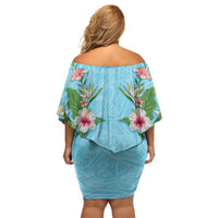 Hawaii Tropical Flowers Off Shoulder Short Dress Sky Blue Polynesian Tattoo Art LT05 - Polynesian Pride