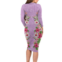 Hawaii Tropical Flowers Long Sleeve Bodycon Dress Lavender Polynesian Tattoo Art LT05 - Polynesian Pride