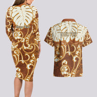 Personalized Fiji Spring Break Couples Matching Long Sleeve Bodycon Dress and Hawaiian Shirt Fijian Tapa Pattern Brown LT05 - Polynesian Pride