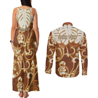 Personalized Fiji Spring Break Couples Matching Tank Maxi Dress and Long Sleeve Button Shirts Fijian Tapa Pattern Brown LT05 - Polynesian Pride