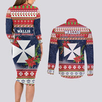 Wallis and Futuna Christmas Couples Matching Long Sleeve Bodycon Dress and Long Sleeve Button Shirt Poinsettia Joyeux Noel