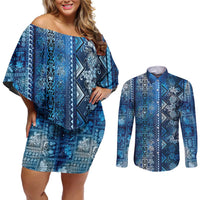 Hawaii Makahiki Turtle Couples Matching Off Shoulder Short Dress and Long Sleeve Button Shirt Galaxy Tapa Pattern - Polynesian Pride