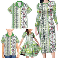 Hawaii Makahiki Turtle Family Matching Long Sleeve Bodycon Dress and Hawaiian Shirt Green Tapa Pattern LT05 - Polynesian Pride