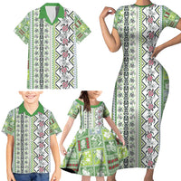 Hawaii Makahiki Turtle Family Matching Short Sleeve Bodycon Dress and Hawaiian Shirt Green Tapa Pattern LT05 - Polynesian Pride