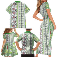 Hawaii Makahiki Turtle Family Matching Short Sleeve Bodycon Dress and Hawaiian Shirt Green Tapa Pattern LT05 - Polynesian Pride