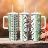 Hawaii Makahiki Turtle Tumbler With Handle Green Tapa Pattern - Polynesian Pride