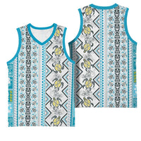 Hawaii Makahiki Turtle Basketball Jersey Blue Tapa Pattern - Polynesian Pride