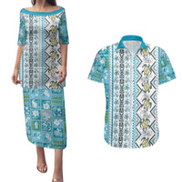 Hawaii Makahiki Turtle Couples Matching Puletasi and Hawaiian Shirt Blue Tapa Pattern - Polynesian Pride