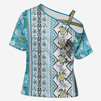Hawaii Makahiki Turtle Cross Shoulder Shirt Blue Tapa Pattern - Polynesian Pride