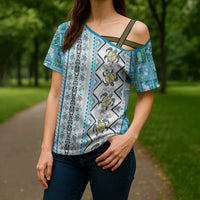 Hawaii Makahiki Turtle Cross Shoulder Shirt Blue Tapa Pattern - Polynesian Pride