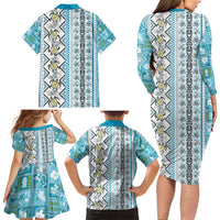 Hawaii Makahiki Turtle Family Matching Long Sleeve Bodycon Dress and Hawaiian Shirt Blue Tapa Pattern - Polynesian Pride