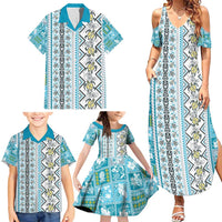 Hawaii Makahiki Turtle Family Matching Summer Maxi Dress and Hawaiian Shirt Blue Tapa Pattern - Polynesian Pride