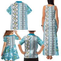 Hawaii Makahiki Turtle Family Matching Tank Maxi Dress and Hawaiian Shirt Blue Tapa Pattern - Polynesian Pride