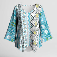 Hawaii Makahiki Turtle Kimono Sleeve Blouse Blue Tapa Pattern - Polynesian Pride