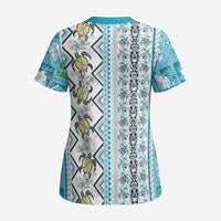 Hawaii Makahiki Turtle Scrub Top Blue Tapa Pattern - Polynesian Pride