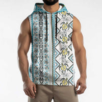 Hawaii Makahiki Turtle Sleeveless Zip Hoodie Blue Tapa Pattern - Polynesian Pride