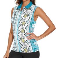 Hawaii Makahiki Turtle Women Sleeveless Polo Shirt Blue Tapa Pattern - Polynesian Pride