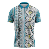 Hawaii Makahiki Turtle Zipper Polo Shirt Blue Tapa Pattern LT05 Blue - Polynesian Pride