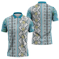 Hawaii Makahiki Turtle Zipper Polo Shirt Blue Tapa Pattern LT05 - Polynesian Pride