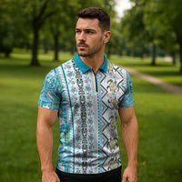 Hawaii Makahiki Turtle Zipper Polo Shirt Blue Tapa Pattern LT05 - Polynesian Pride