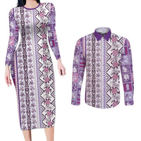 Hawaii Makahiki Turtle Couples Matching Long Sleeve Bodycon Dress and Long Sleeve Button Shirt Violet Tapa Pattern - Polynesian Pride